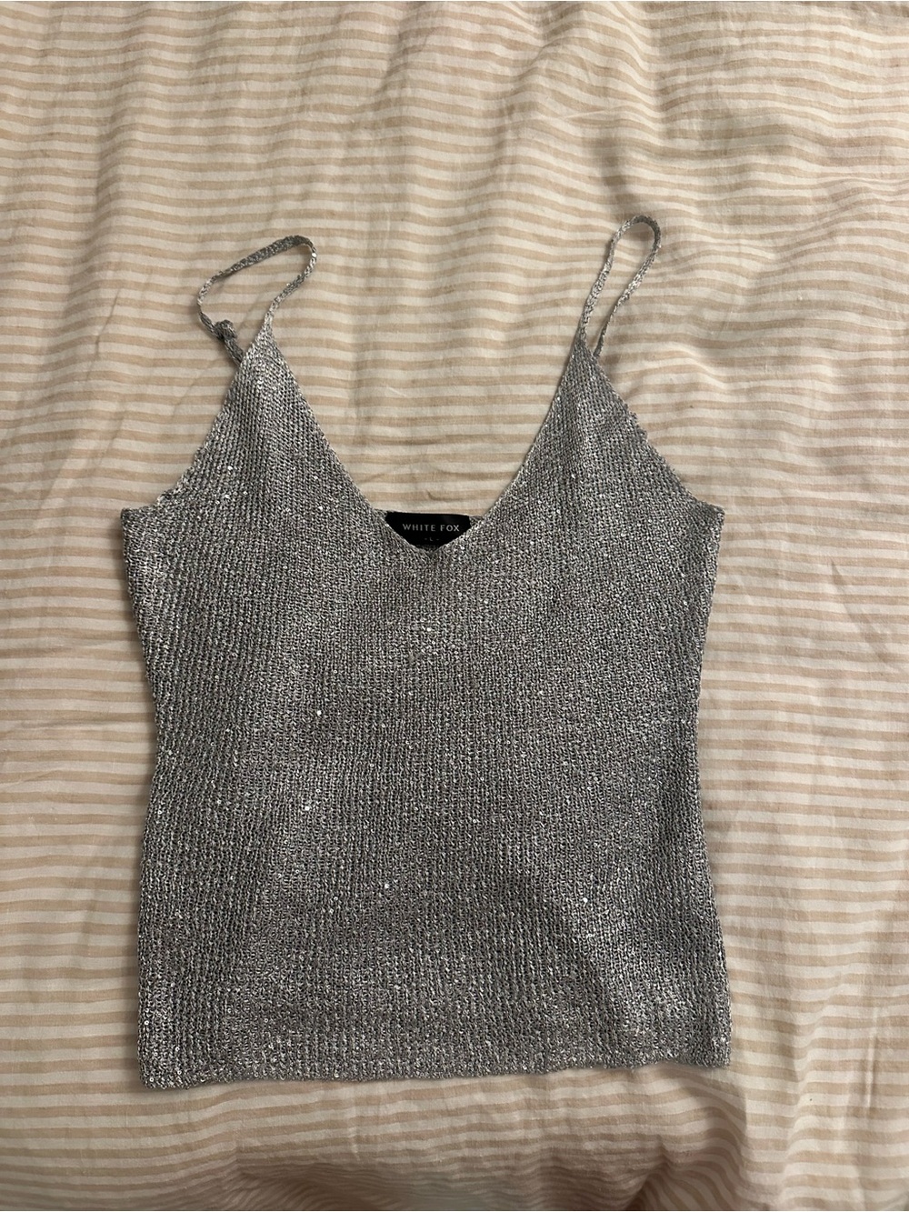 White Fox Silver Metallic Sequin Knit Cami Top Size L